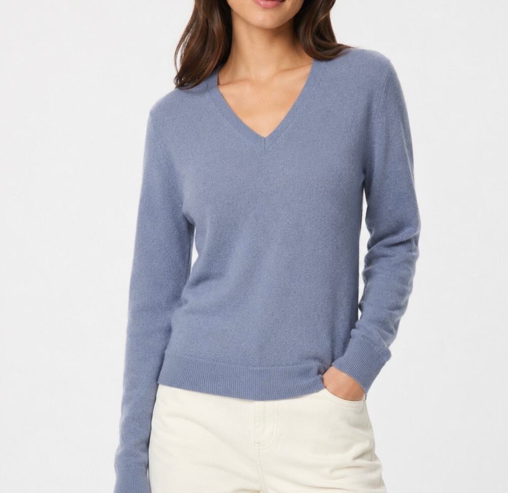 Uniqlo Women’s 100% Cashmere V-Neck Sweater Blue Size S Quiet Luxury Minimalist
